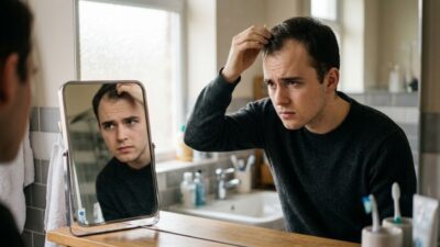 Молодой мужчина рассматривает линию роста волос в зеркале