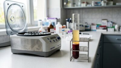 Пробирка с плазмой в центрифуге и медицинский лоток в клинике